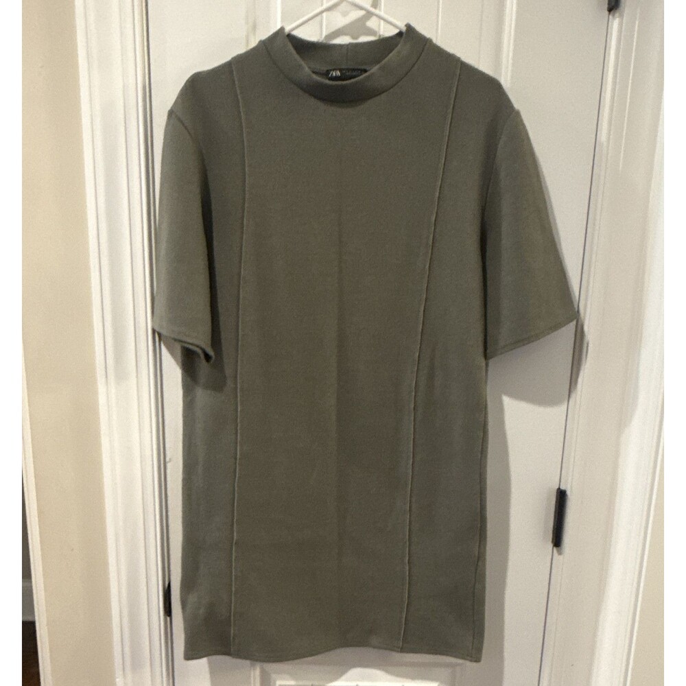 Zara Solid Green Knit Mock Neck Short Sleeve Pullover Sweater‎ Cotton Seamed S